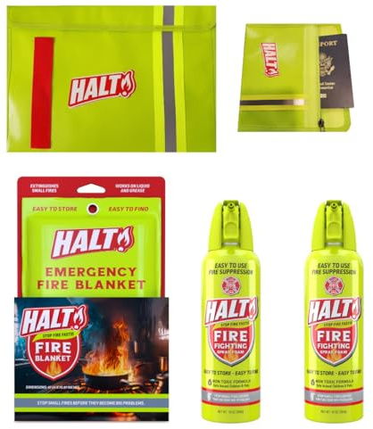 HALT! Home & Apartment Fire Defense Kit – Includes x2 10oz Fire Fighting Foam Sprays, Emergency Fire Blanket, Large Fireproof Document Bag, Small Waterproof Travel Fire Safety Bundle