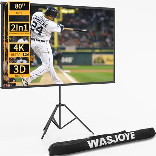 WASJOYE Schermo Proiettore con Treppiede, 80 16:9 Schermo Proiettore, 4K HD, Tela di Proiezione Portatile, Leggera e Compatta, Ideale per Home Theatre, Film all’interno e Esterno (Telo Grigio)