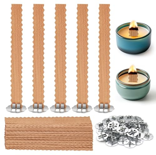 100 Pcs Wave Wooden Candle Wicks for Candles Making, Smokeless Wood Wicks with Metal Stand, for Candle DIY Craft (50 Set)