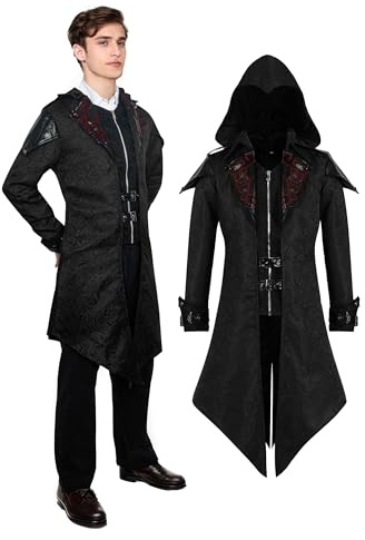 YORDET Men's Medieval Jacket Coat with Hood Gothic Trench Men's Victorian Vintage Tailcoat Halloween Party Carnival Cosplay Costume (Black, XL)