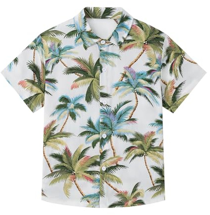 Miyanuby Chemise hawaïenne d'été à manches courtes boutonnée pour garçon, motif floral tropical, tenue de plage, chemise de vacances, Blanc palmier, 11-12 ans