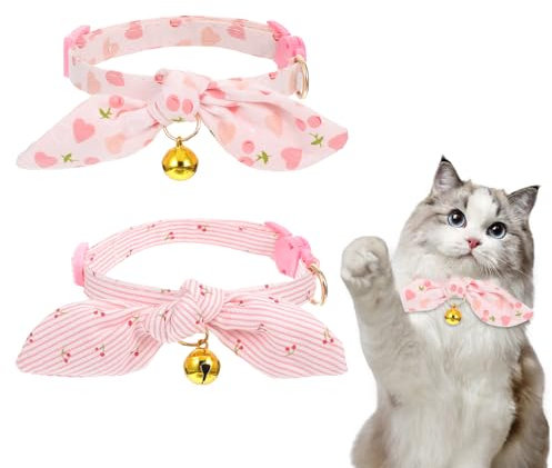 AOZUO 2 Stück Baumwoll Katzenhalsband, Verstellbar Blumendruck Katzenhalsband mit Abnehmbarer handgebundener Fliege, Niedlich Cat Collar für Kleine Haustiere Katzen Welpen