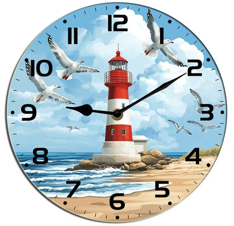 Horienteeon Lighthouse Wall Clock Seaside Harbor Seagulls Clock Decorative Wooden Battery Operated Quartz Silent Hanging Clock For Bedroom Living Room Kitchen Coffee Bar Shop Hotel Round 10