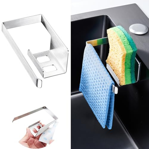 XILIMOR Soporte Estropajo Fregadero, 2 en 1 Porta Estropajos Fregadero, Autoadhesivo Porta Esponja Organizador de Cocina, Acero Inoxidable Soporte para paños de Cocina, Plata