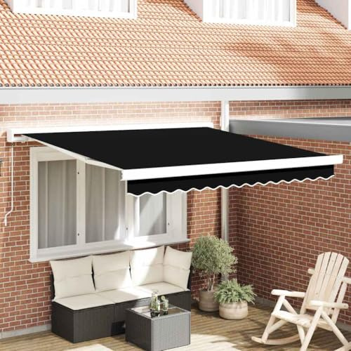 Mokuyary Infällbar markis svart 350 x 250 cm tyg och metall, klämmarkis med handvev, balkongmarkis solskydd för balkong terrass trädgård veranda – B