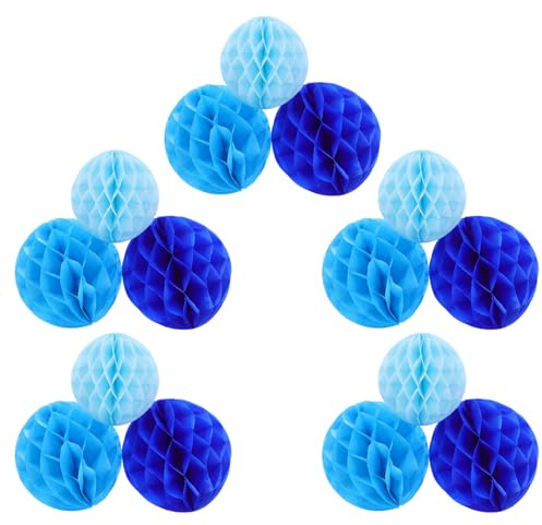 FIXOSHEE Lot de 15 Boules Alvéolées en Papier de Soie Décoration Murale Colorée pour Anniversaire et Shower Tailles 15 CM et 20 CM Tons Bleu Clair Bleu Ciel et Ornements Légers et