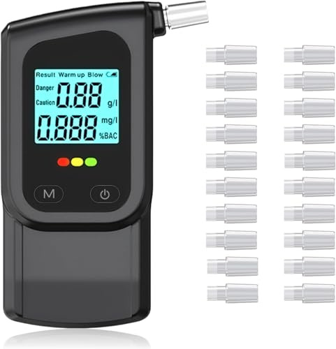 RUTIDA Breathalyzer Alcohol Tester with 20 Mouthpieces, Professional Breathalysers Portable Alcohol Breath Tester with Dual Sensor and Digital Blue LCD Display