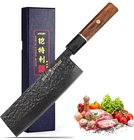 Kitory Japansk Nakiri & Usuba grönsakskniv 16,5 cm – Vass professionell kökskniv med elegant handtag av svart trä och röd gummiinsats