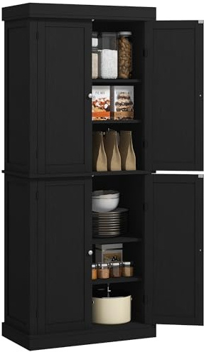 HOMCOM Credenza Cucina Alta 184cm, Mobile Dispensa con 4 Ante Chiusura Magnetica, Ripiani Regolabili, Mobile Cucina a 6 Livelli, per Sala da Pranzo Soggiorno, Nero