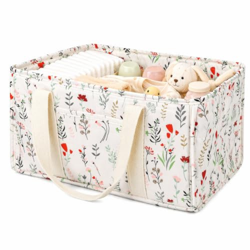 Förvaringskorg för barn, bärbar babybordsorganisatör, 2 avtagbara fack, styv blöja med förstärkta handtag, lövmönster, flicka pojke present, 36 x 24 x 17,5 cm