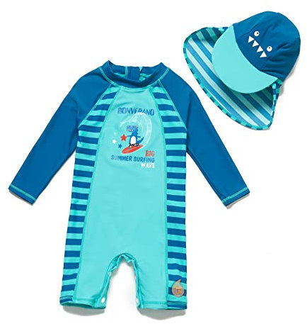 BONVERANO Traje de baño para bebé niño Trajes de baño de una Pieza de Manga Larga Protección UV 50+ Trajes de baño con Cremallera(Azul-Rex,6-9meses