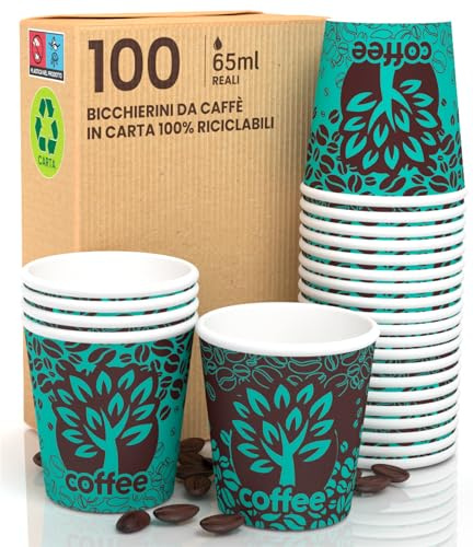 100 pappersmuggar för kaffe, 65 ml, Blue Forest, miljövänlig, biologiskt nedbrytbar, engångsbruk, liten, att ta med sig, varma drycker