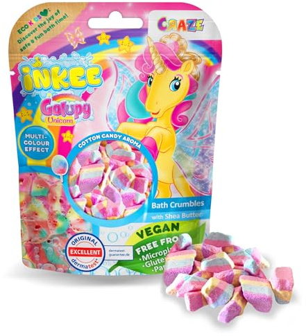 INKEE Bath Crumble Galupy Unicorn, Bombas de Baño Desmenuzadas para Niños con Aroma a Algodón de Azúcar y 4 Colores, Bolsa de 100 gr