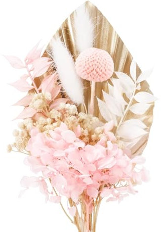 YREYBN Dried Flowers Bouquet - Real Dried Pink Flowers for Cakes, Gold & White Palm Leaves Cake Topper