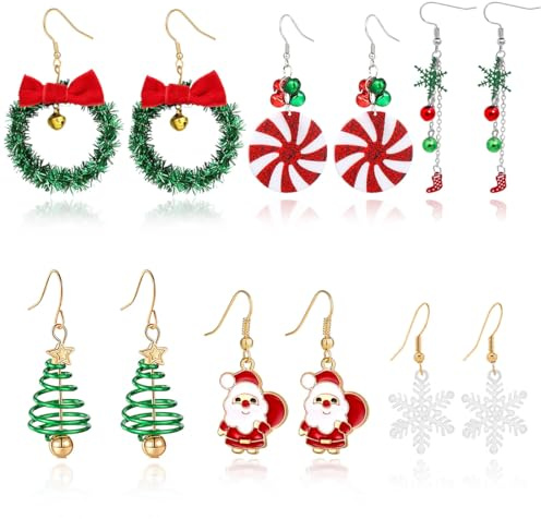6 Paires de Boucles d'oreilles Pendantes de Noël, Acier Inoxydable, Cadeau de Bijoux pour Femme Fille Enfant, Boucles d'oreilles du Père Noël Flocons de Neige