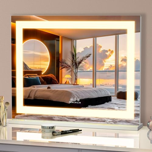 FENCHILIN Schminkspiegel mit Beleuchtung Hollywood Spiegel 58x46cm RGB Lichtleiste Makeup Schminkspiegel mit dimmbaren 3 Farben Smart Touch Spiegel für Desktop Wandmontage Temperiertes Glas Weiß
