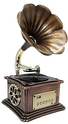 JFNHUTL Giradischi retrò, Giradischi in Rame, Tromba, Macchina Musicale, Mini Stereo a 3 velocità, Supporta la Registrazione MP3, Cuffie Stereo, Marrone, Taglia Unica