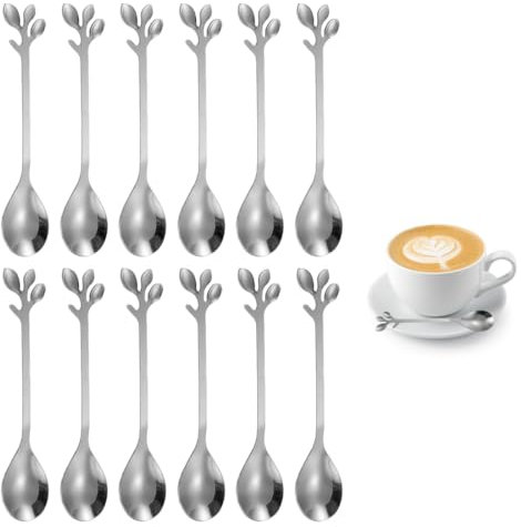 UEIOAVL Cucchiaini da caffè, 12 pezzi cucchiaino da caffè in acciaio inox foglia mini cucchiaino da caffè ramo di albero design cucchiaio da dessert per acqua tè latte caffè (argento)