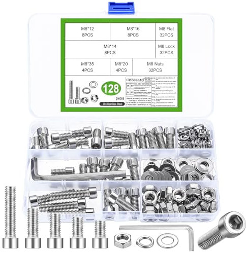 128 Stück M8 Schrauben Set, Zylinderkopfschrauben Muttern Sets, Edelstahl Sechskantschrauben Set und Unterlegscheiben, Innensechskant Schrauben mit Muttern, Maschinenschrauben Sortiment