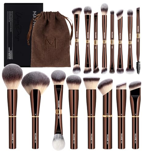 MAANGE Pinceaux Maquillages Professionnels 16 Pièces, Coffret Double Face pour Fond de Teint, Poudre, Contour et Fard à Joues, Set Complet avec Pochette et Boîte Cadeau (Marron Café)