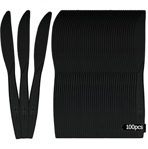 Heavy Duty Reusable Black Plastic Cutlery Set, 100 PCS Plastic Knives, Reusable Cutlery Set for All Occasion Birthday Parties Weddings Camping 19.5 x 2 cm Black