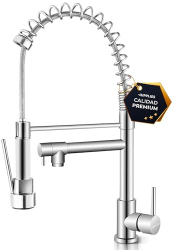 JUPPLIES Grifo Cocina Doble Salida – Acero Inoxidable 304, Caño Giratorio 360° + Ducha Flexible Profesional, Monomando, Instalación Fácil, Grifos Cocina Fregadero Extraíble