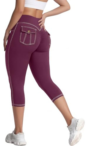 STARBILD Leggings Capri para Mujer con Bolsillos, Pantalones Deportivos 3/4 Cintura Alta, Mallas Capri Scrunch Push Up, Pantalones Deporte 7/8 para Yoga Gimnasio, Morado M