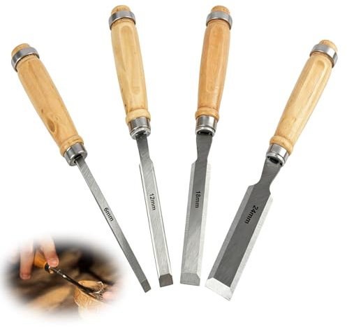 4 Piezas Cinceles para Madera con Medidas de 6, 12, 19, 24 mm, Cinceles de Acero al Carbono Endurecido, Juego de Cinceles para Carpintería, Herramientas de Carpintería y Tallado