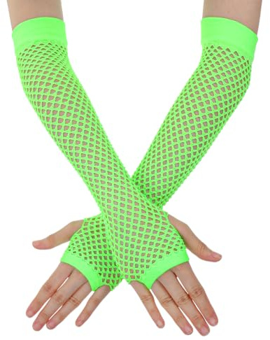 Mabor Fishnet Gloves, Neon Fingerless Arm Sleeves Green | Gloves Retro Mesh Costume Accessories for 80s Party Halloween Rave Women