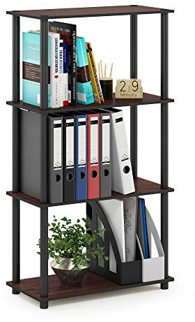 Furinno TURN-N-TUBE Storage Shelves, 4-Tier Toolless Book Shelf, Corner Shelf, Toolless Open Shelves, for Organization and Storage, Living Room, Garage, Home Office, Dark Cherry