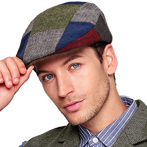 Casquette plate à chevrons pour homme en tweed mélange de laine, Patchwork 03 avec bord marron, S/M