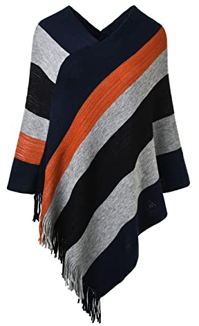 Ferand - Pullover Poncho de Punto para Mujer - Estola, Chal Elegante, Diseño de Rayas Grandes y Flecos, Cálido - talla única - Azul marino y negro