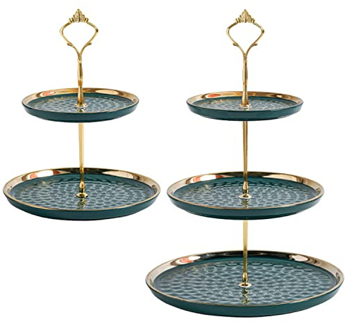 Tosnail Set of 2 Porcelain Cupcake Stand Ceramic Dessert Stand Tiered Serving Trays with Gold Rod, 3 Tiers and 2 Tiers Cake Stand Party Serving Trays Fruit Pastry Holders for Wedding and Party