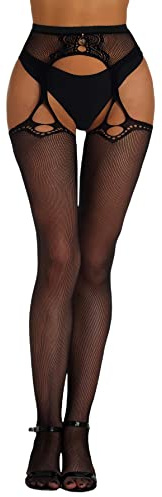 Verdusa Women's Fishnet Stockings Tights High Waist Cut Out Lace Fishnets Suspender Pantyhose Cut Out Lace Black One Size