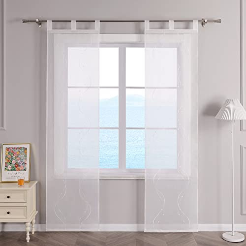 ESLIR Skjutgardiner voile ytgardiner set om 2 skjutgardiner vardagsrum gardiner med öglor transparent gardin broderad vit B x H 57 x 245 cm, 2 stycken