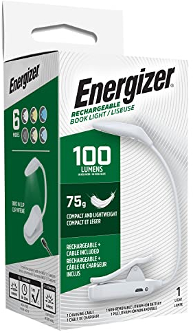 Energizer Rechargeable LED Book Light, White, 3 Eye-Protecting Modes Flexible Reading Light Book Lamp, Rechargeable, Long Battery Life