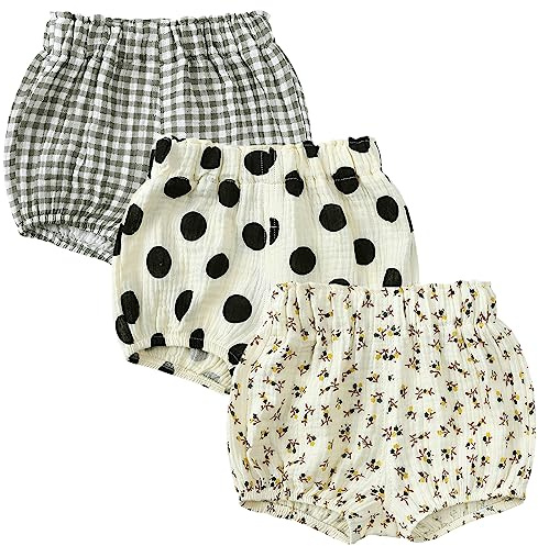 EISHOW 3-Pack Toddler Baby Girls Ruffle Bloomer Shorts Infant Boys Cute Cotton Linen Floral Elastic Panty Diaper Covers Pants