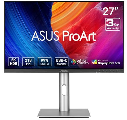 ASUS ProArt Display 27” 5K HDR Professional Monitor (PA27JCV) - 5K (5120 x 2880), IPS, 99% DCI-P3, 100% sRGB, ΔE < 2, USB-C PD 96W, Calman Verified, Color Accurate, Auto KVM, LuxPixel, 3 yr Warranty