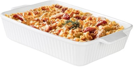 AHAQU Fuente de cerámica para hornear de 3800 ml, sartén rectangular para lasaña de 38 x 23 cm con asa, cacerola de porcelana para horno, utensilios de cerámica antiadherentes grandes, color blanco