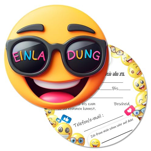 Vielucks® 15 x Smiley Einladungskarten Kindergeburtstag - Φ13.5cm - Original, Einladungskarten Geburtstag für Jungen und Mädchen, Witzige Rund Ausdruck Einladung