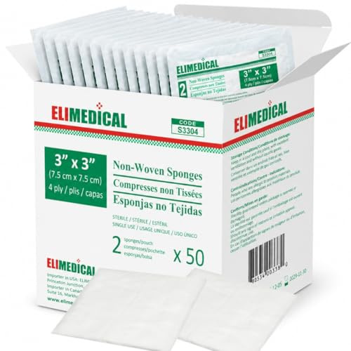 Elimedical Lot de 100 Compresses de gaze non tissées, Stériles - Ultra doux - pour spa, soins des plaies faciales, premiers secours (3x3(7.5x7.5cm)-4ply)
