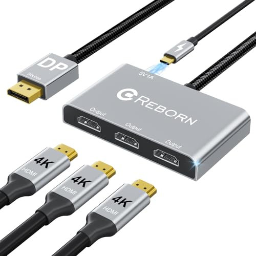 Reborn DisplayPort to HDMI Splitter for Multi Monitor Adapter |4K@60Hz, HDMI Splitter Extended Display 1 in 3 Out MST Hub for Extended or Cloned Display Mode, for PC,NVIDIA/AMD Graphic Card
