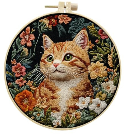 Meecaa Cat Animal Flower Embroidery Kit Starter Set, Hand Embroidery Set,Pattern Printed Cross Stitch Set for Beginner Adults, with Embroidery Hoop and Instructions (Cat)