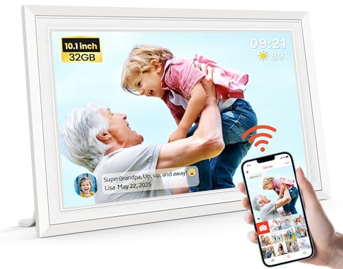 Frameo Cadre photo numérique WiFi 10,1 pouces – 1280 x 800 HD IPS écran tactile cadre électronique, 32 Go de mémoire, rotation automatique, montage mural, cadre photo numérique pour partager des