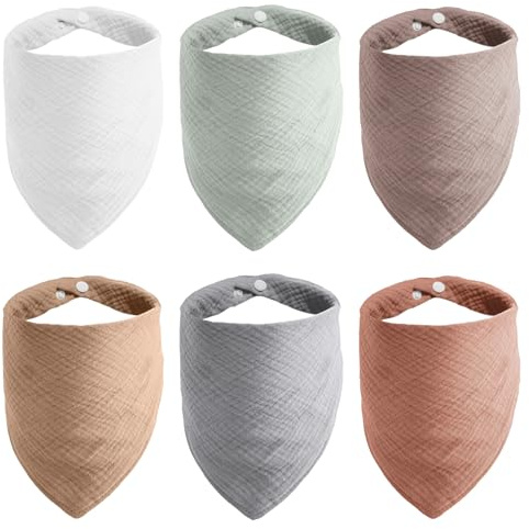 MisFun 6 stycken babyhaklappar, triangelsjal baby, muslinhalsduk spädbarn, superabsorberande ekologisk bomullshalsduk för spädbarn, småbarn, för pojkar och flickor, Vit, beige, bönpasta, grå, böngrön