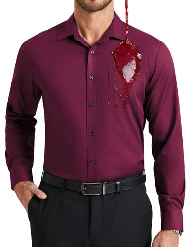 Enlision Men's Burgundy Shirt Long Sleeve Stain Shield Stretch Non Iron Button Down Business Formal Dress Shirts Smart Casual with Pocket, M