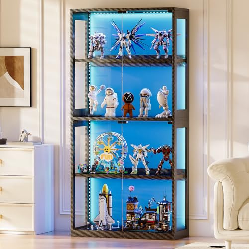Coleshome Vitrina de Cristal con Puertas de Vidrio, Vitrina Expositora de 4 Estantes con Luz LED, Vitrina para Colecciones, Estantería Alta para Salón y Oficina, Kit Anti-Caída Incluido, Negra