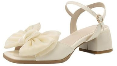 Generico Donna Punta Aperta Slingback Sandali da Sposa con Fiocco Tacco Grosso A Blocco Décolleté da Vestito Cinturino alla Caviglia Scarpe da Matrimonio da Festa O Ballo,Beige,35.5 EU