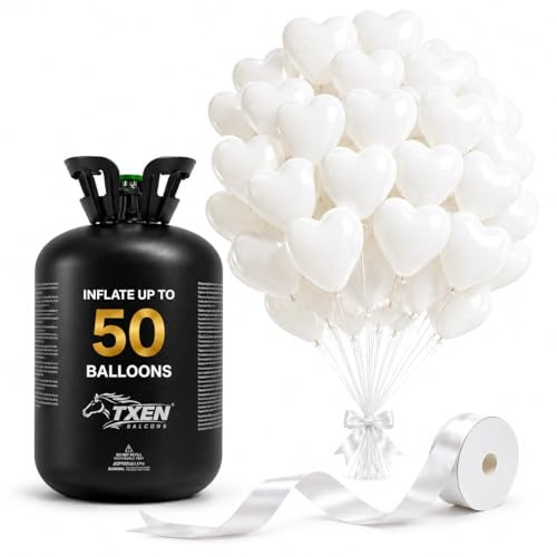 TXEN Disposable Helium Tank, 13L Portable Balloon Helium Cylinder, Fills up to 50 Latex Balloons, Includes 50 White Heart Balloons and Ribbon, Easy & Fast Inflation, No Refill Needed, Use for Parties