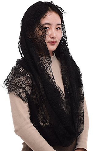 BLESSUME Damen Mantilla Katholisch Schleier Spitze Kapelle Schal Kirche Latin Mass kirchliche Hochzeit Kopfbedeckung (Schwarz)